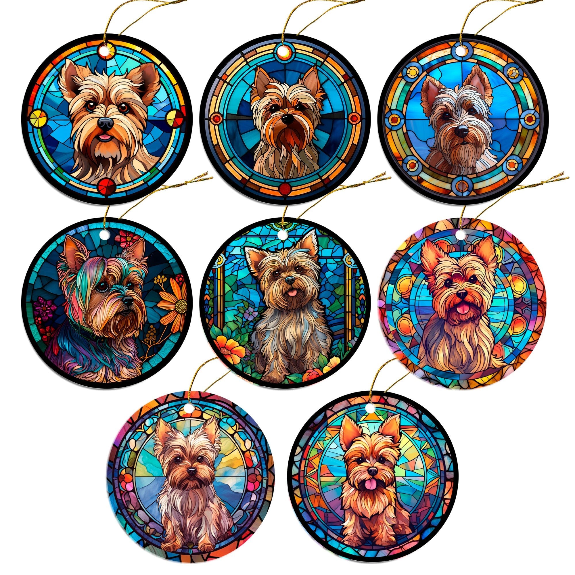 Dog Breed Christmas Ornament Stained Glass Style, "Yorkie"