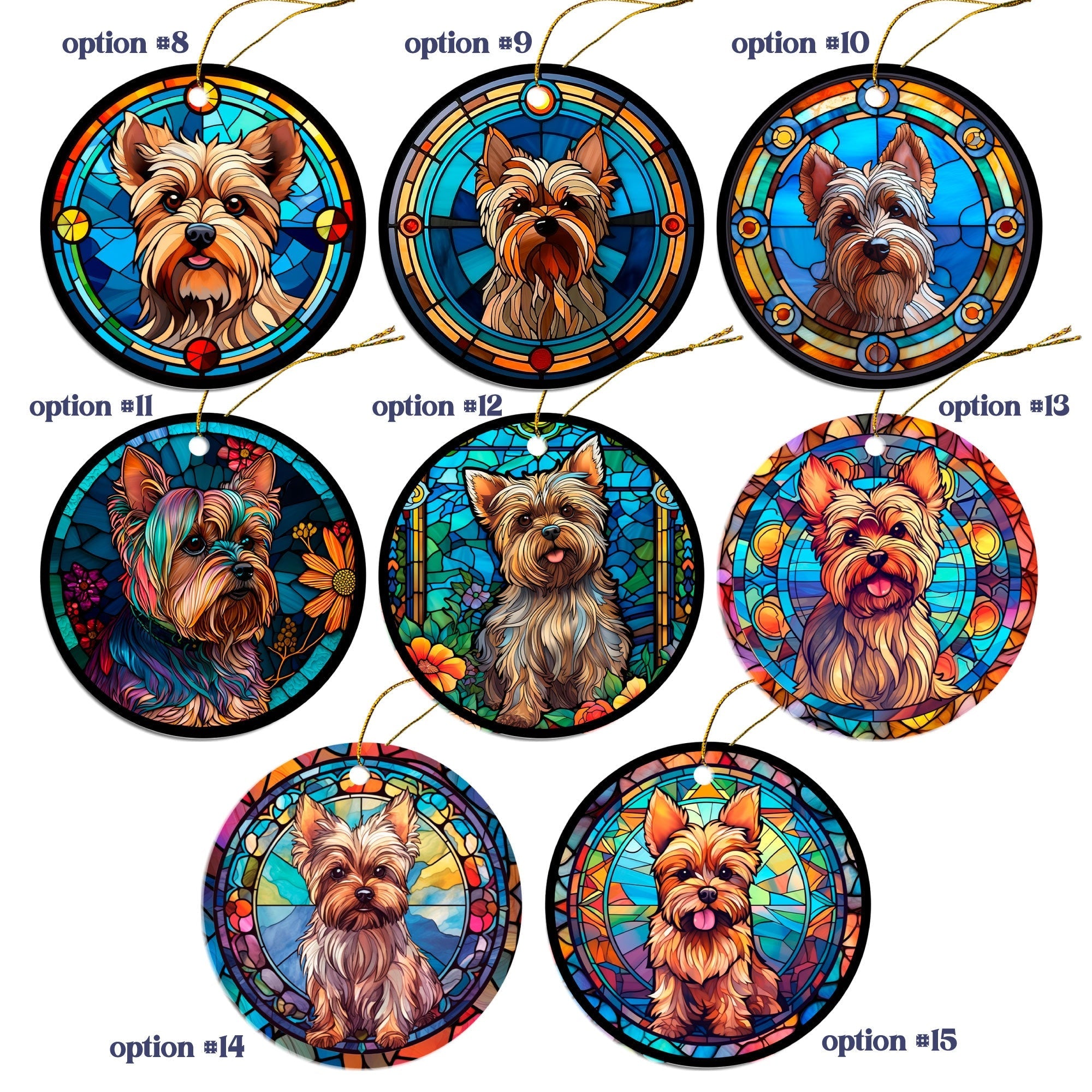 Dog Breed Christmas Ornament Stained Glass Style, "Yorkie"