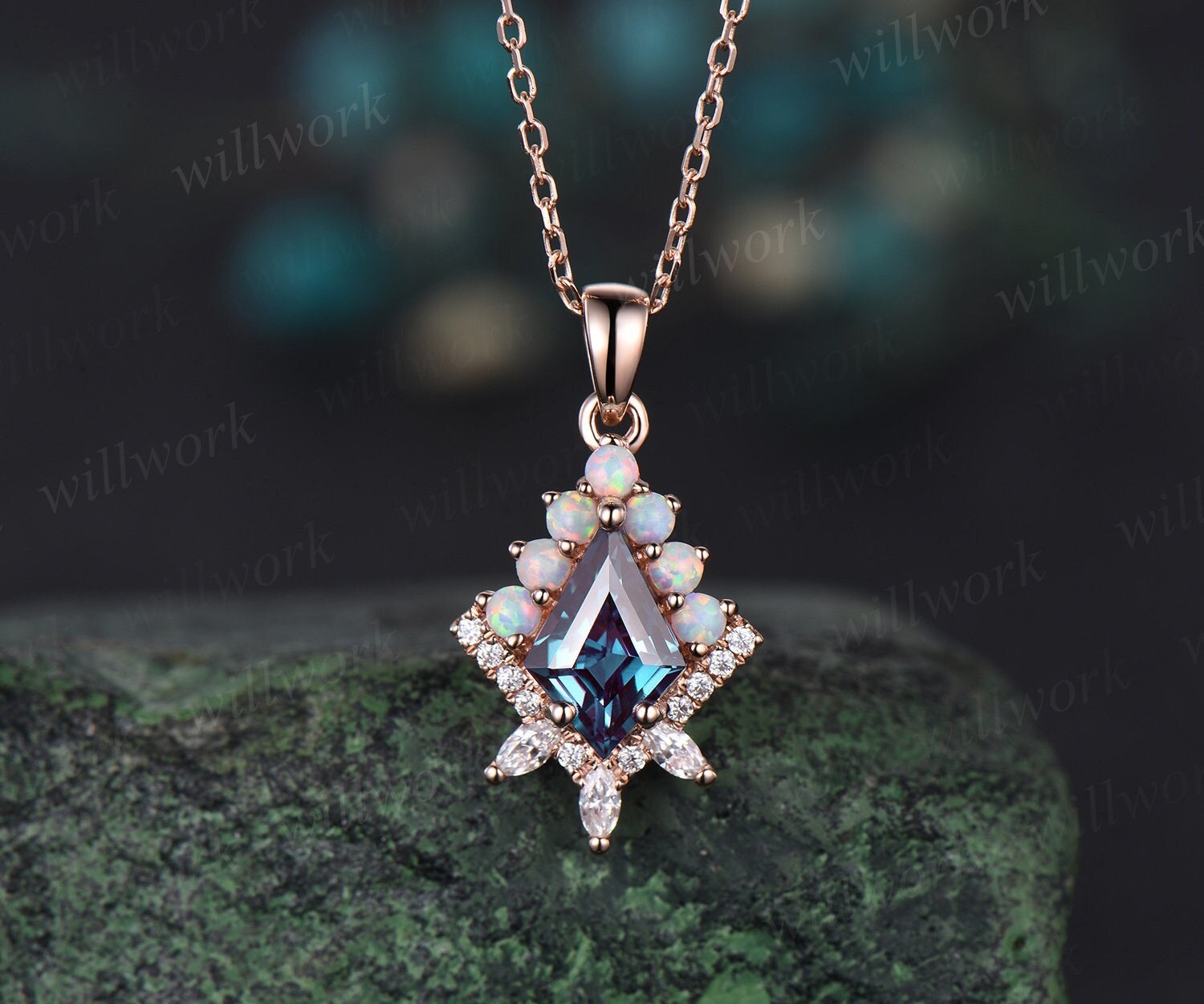 Color change kite cut Alexandrite necklace rose gold halo opal diamond pendant women vintage anniversary bridal gift mother