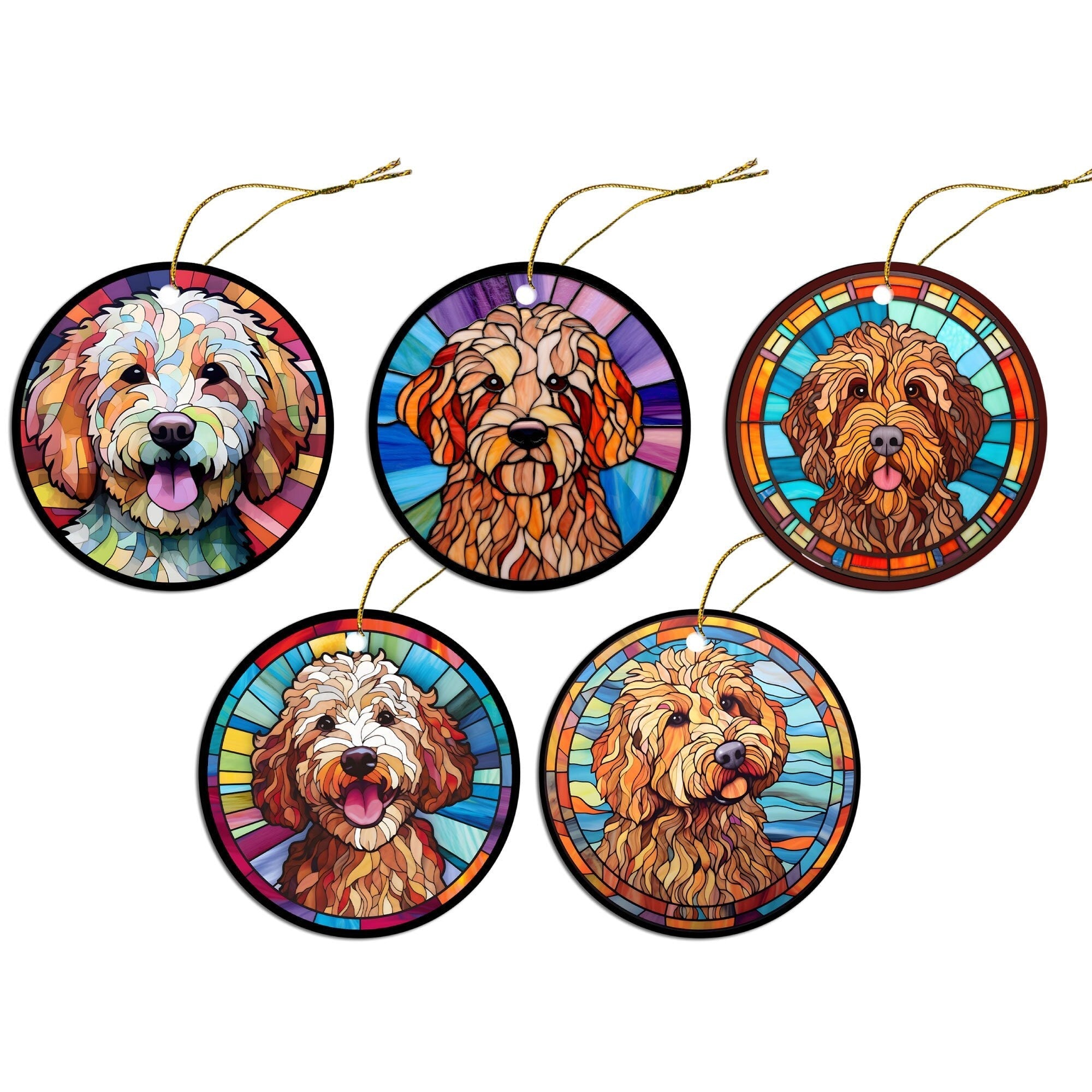 Dog Breed Christmas Ornament Stained Glass Style, "Labradoodle"