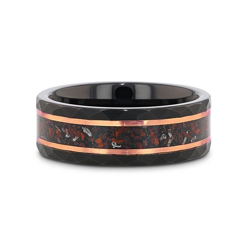 INFERNO Black/Rose Hammered Tungsten Carbide Ring with Dinosaur Bones and Meteorite - 8mm