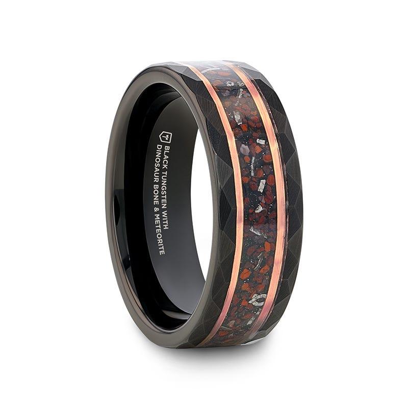 INFERNO Black/Rose Hammered Tungsten Carbide Ring with Dinosaur Bones and Meteorite - 8mm