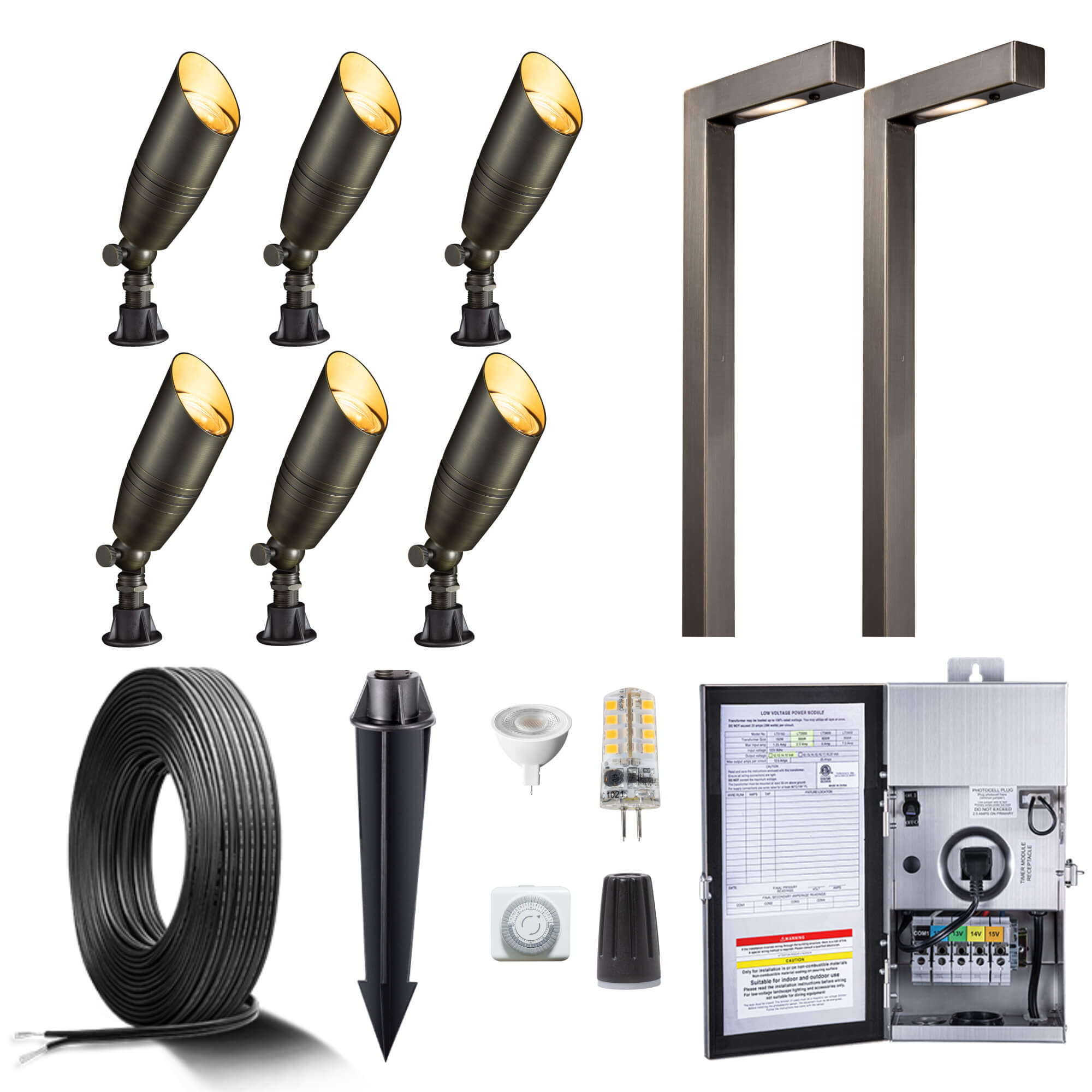 Gardenreet Brass LED Landscape Lighting Kit (6/8/12 Spotlights, 2/4/6 Path Lights) With Low Voltage Transformer and Mechanical Timer and Cable and Wire Connectors for Outdoor Yard Patio Pathway (2105+2404)