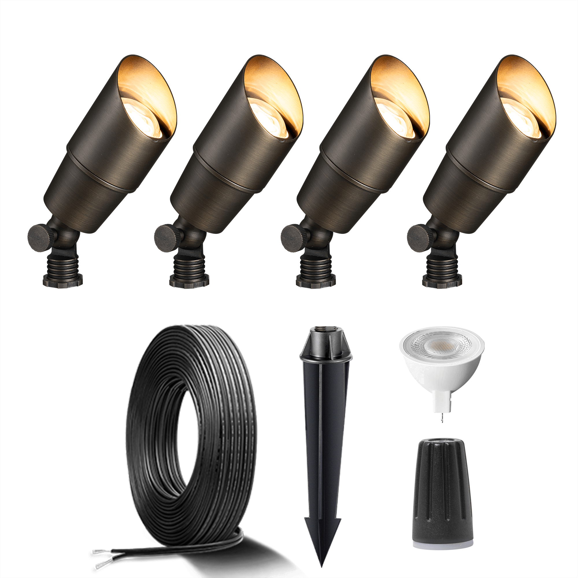 Gardenreet Brass Landscape Lighting Kit (4/6 Pack Spotlights) with Cable and Wire Connectors for Outdoor House Garden Patio Without Low Voltage Transformer