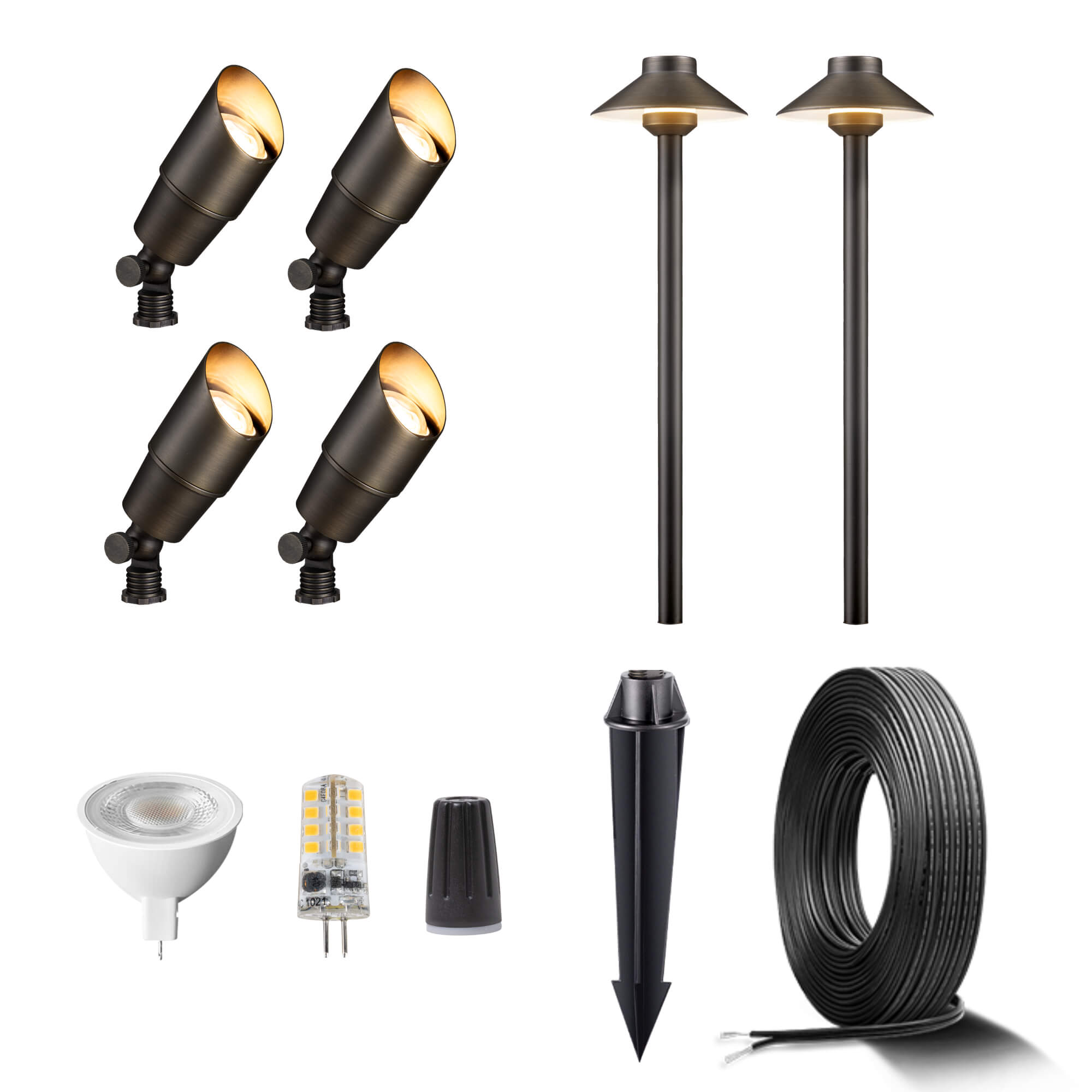 Gardenreet Brass Landscape Lighting Kit (4/6 Spotlights, 2 Path Lights) with Cable and Wire Connectors for Outdoor House Garden Pathway Without Low Voltage Transformer