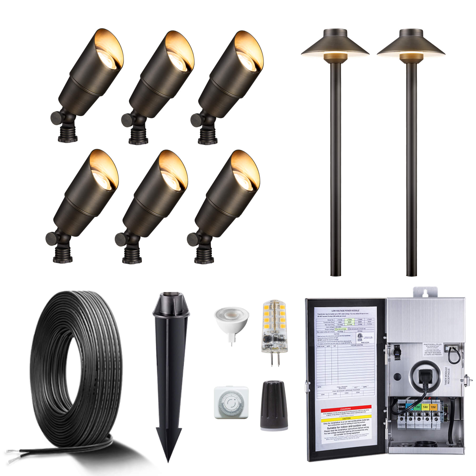 Gardenreet Brass Landscape Lighting Kit (6/8/12 Spotlights, 2/4/6 Path Lights) With Low Voltage Transformer and Mechanical Timer and Cable and Wire Connectors for Outdoor House Patio Walkway (2101+2401)