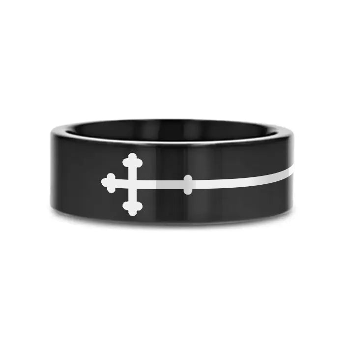 SIDEWAYS CROSS on Black Flat Tungsten Carbide Ring