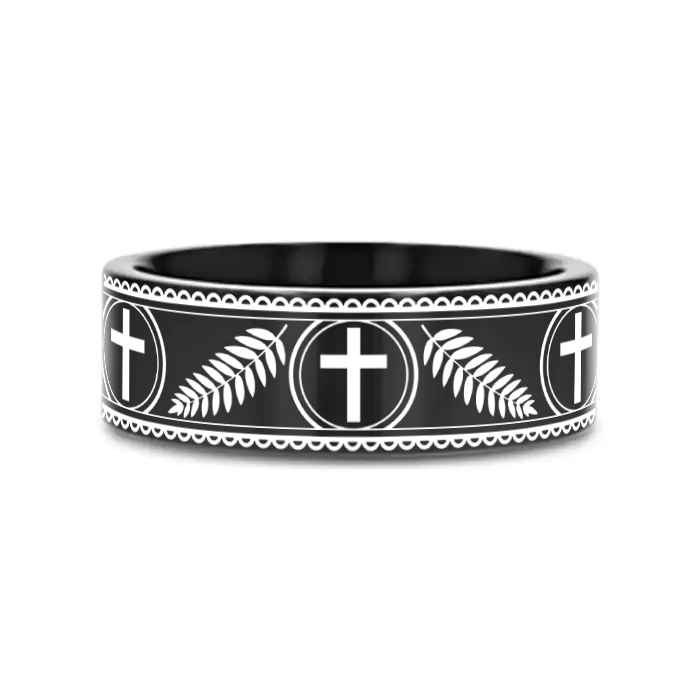 PALM BRANCHES on Black Flat Tungsten Carbide Ring