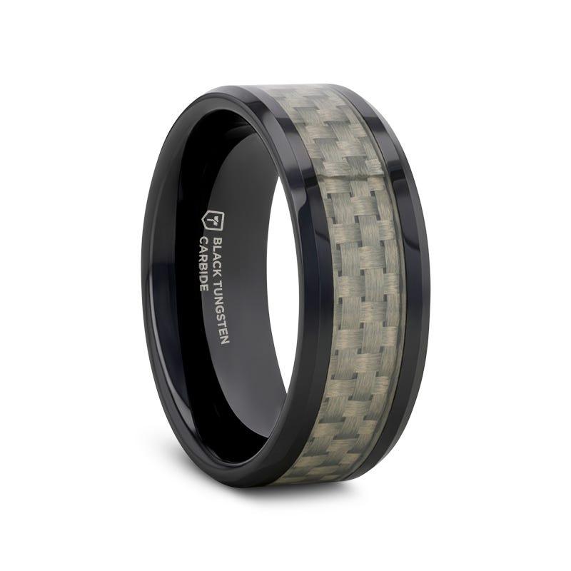 MYSTIQUE Beveled White Carbon Fiber Inlaid Ceramic Ring - 8mm