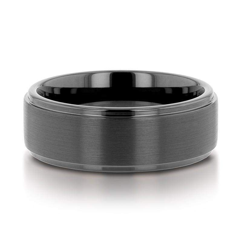 ORION Flat Black Tungsten Ring with Brushed Raised Center & Polished Step Edges - 6mm - 8mm