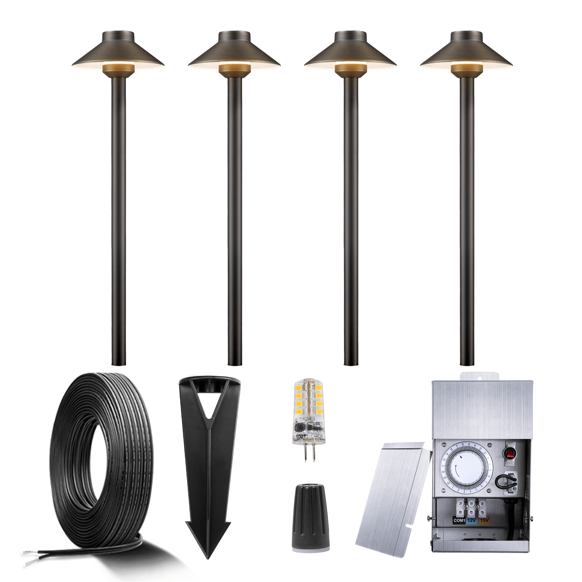 Gardenreet Brass Low Voltage Landscape Lighting Kit (4/6/8/12Pack Path Lights) 12V LED with Low Voltage Transformer,  Mechanical Timer, Wire, Connectors for Outdoor House Yard Patio Driveway Lighting (2401)