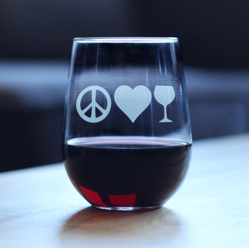 Peace Love Wine – Cute Funny Stemless Wine Glass, Large 17 Ounces, Etched Sayings, Gift Box