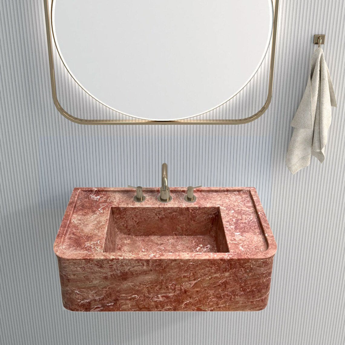 Red Travertine Rectangular Wall-mount Bathroom Sink (W)16" (L)30" (H)8"