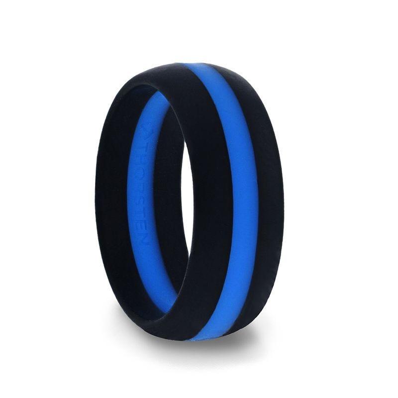 Matte Black Men's Silicone Ring With Vibrant Blue Colored Inlay - 8mm