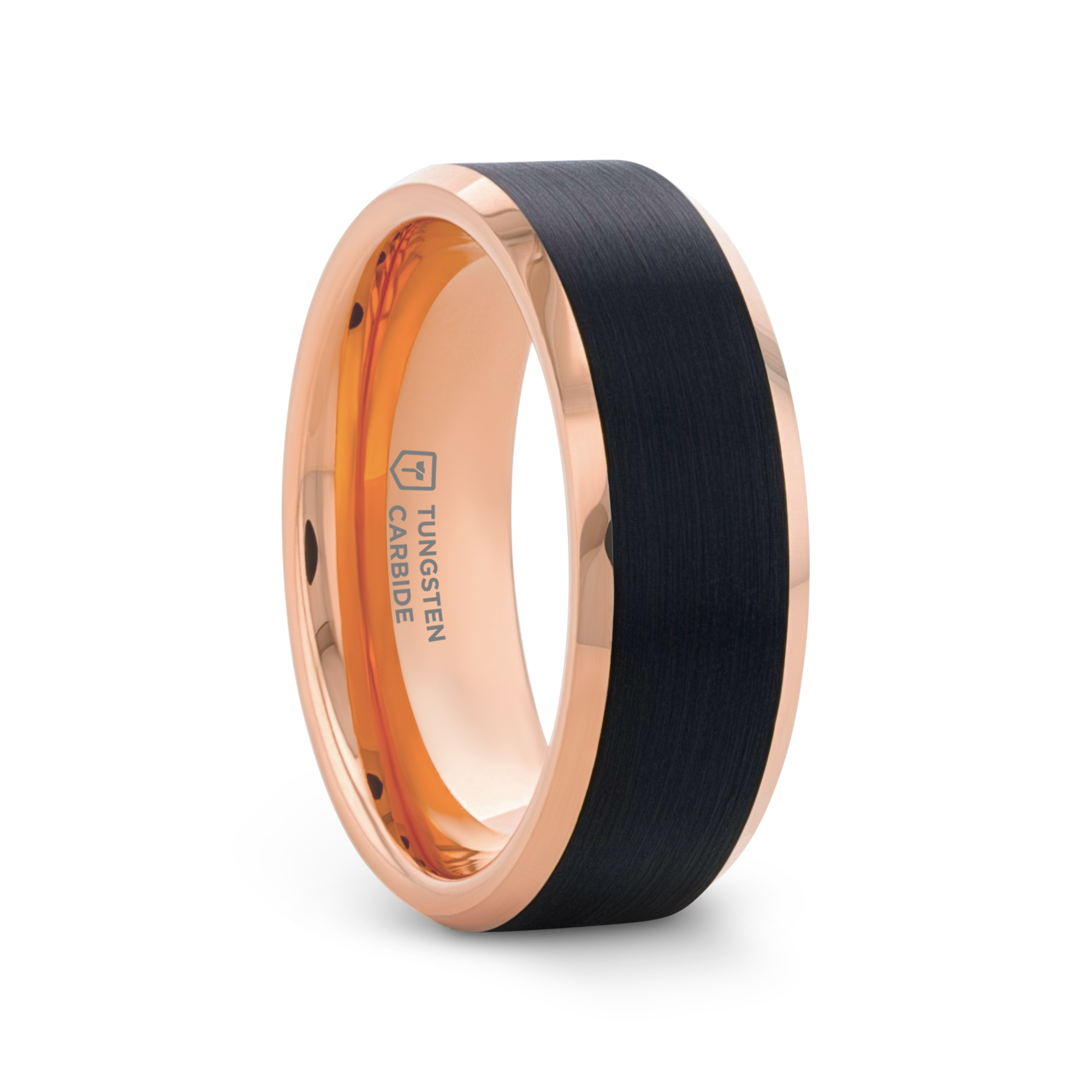 HAYDEN Rose Gold Plated Tungsten Polished Beveled Ring with Brushed Black Center - 6mm & 8mm