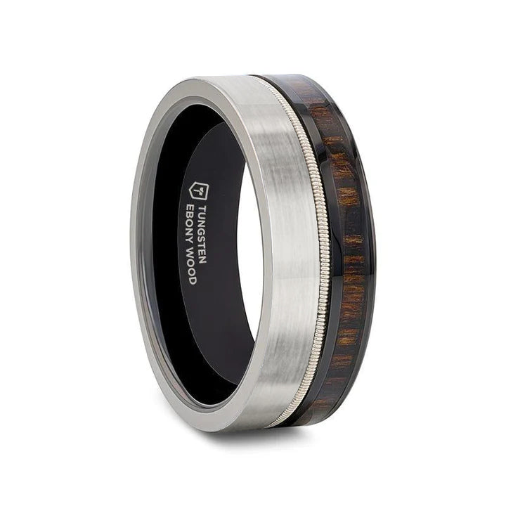 SLATE Tungsten & Black Ceramic Hybrid Ring with Steel Guitar String Ebony Wood and a Black Ceramic Interior - 8mm