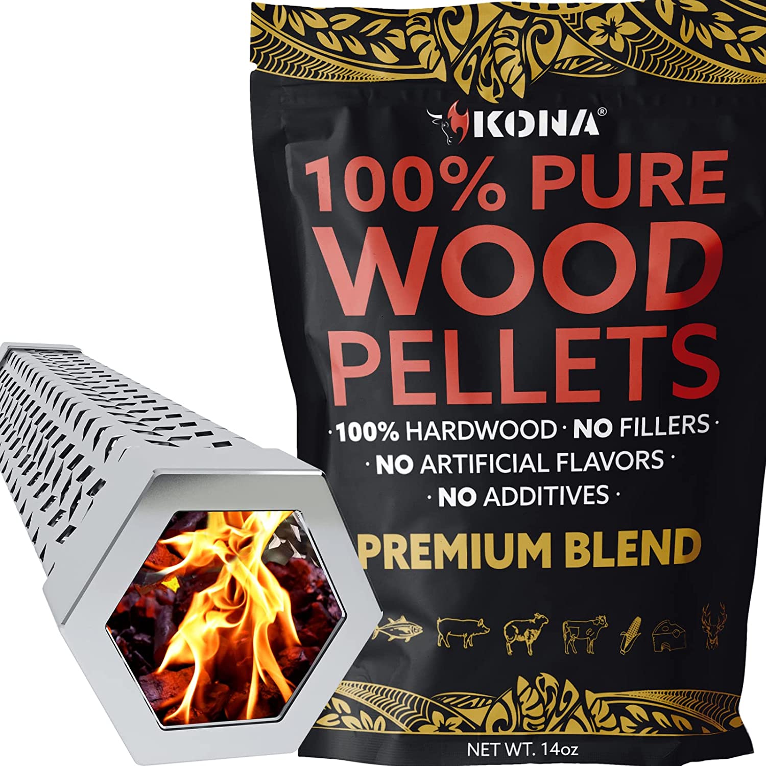 Kona Wood Smoker Tube & Pellets Set - Hot or Cold Smoking