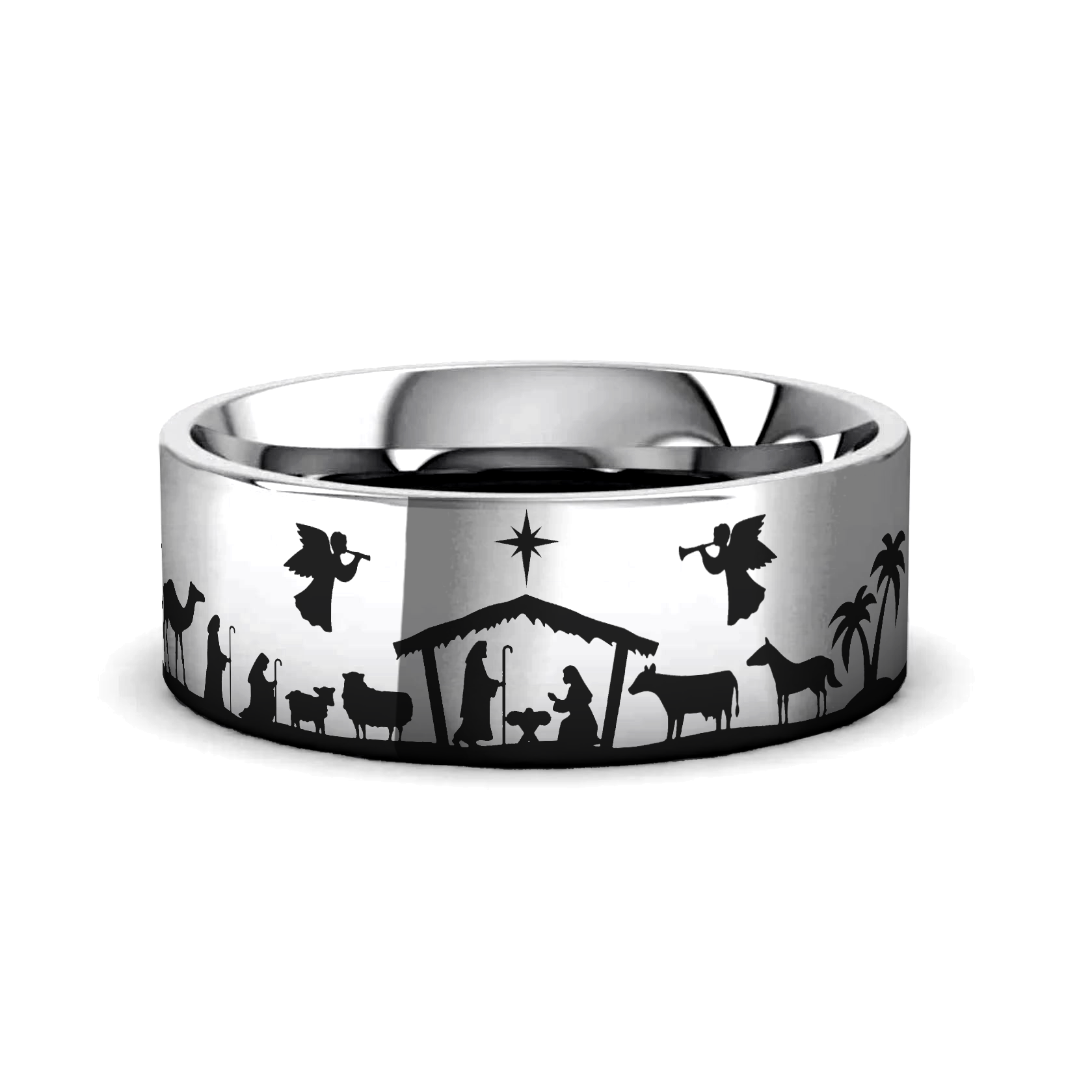 NATIVITY SCENE on Flat Tungsten Carbide Ring