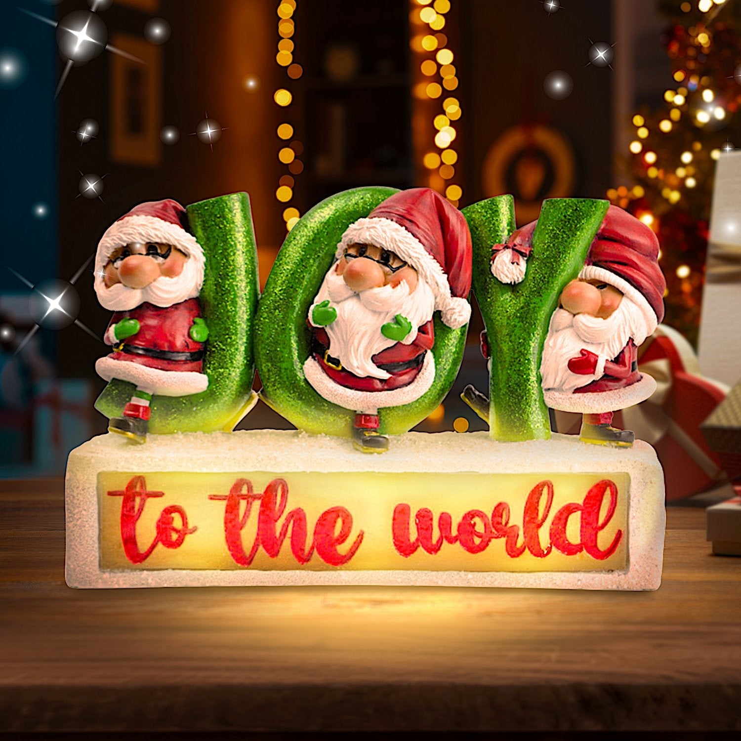 Joy to the World with Holiday Gnomes Lighted Statue, Tabletop LED Christmas Decor