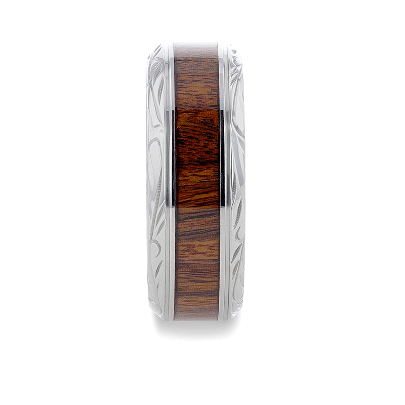 KRAFT Black Walnut Wood Inlay with Intricate Beveled Edges Titanium Polished Wedding Ring - 8mm