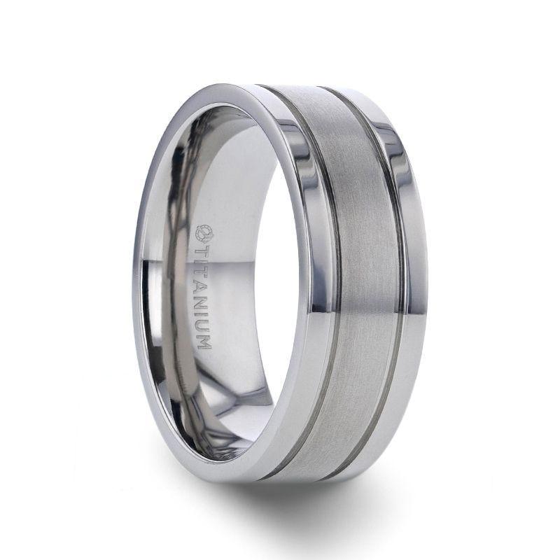 MAGNUM Flat Polished Edge Titanium Band with Offset Grooves and Satin Center - 8mm