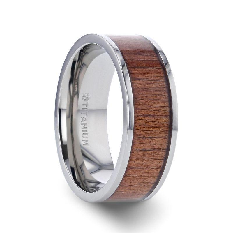 HONUA Flat Titanium Wedding Band with Rare Koa Wood Inlay and Polished Edges - 8mm