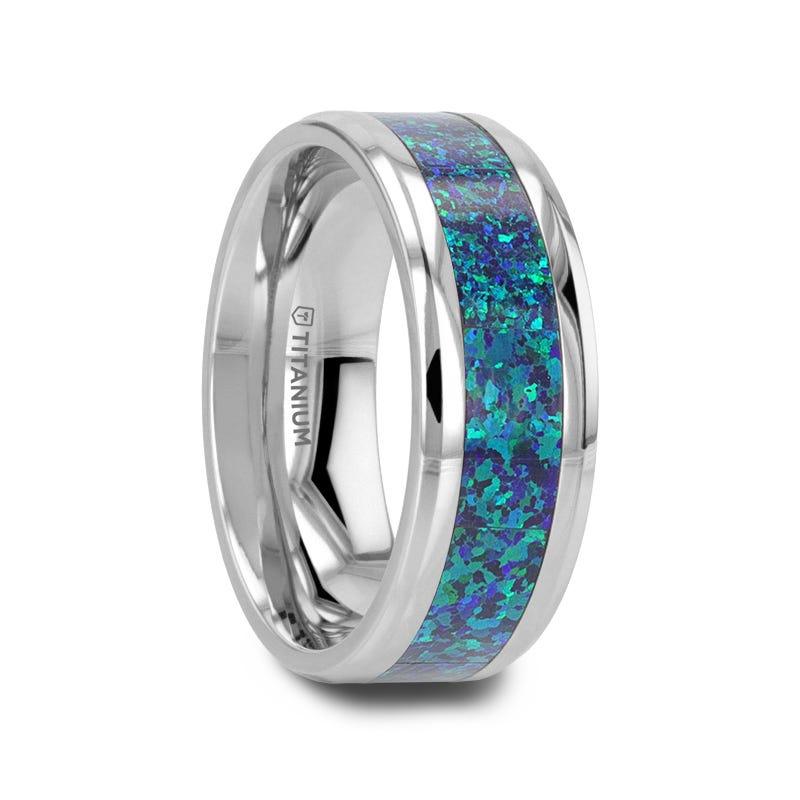 ANDROMEDA Titanium Polished Beveled Edge Ring with Blue Green Opal Inlay - 8mm