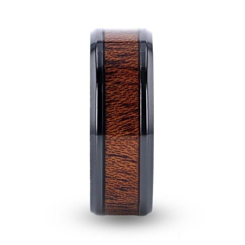 DOMINICA Black Titanium Band with Polished Bevels and Exotic Mahogany Hard Wood Inlay - 8mm