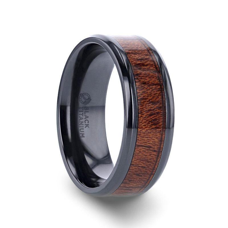 DOMINICA Black Titanium Band with Polished Bevels and Exotic Mahogany Hard Wood Inlay - 8mm