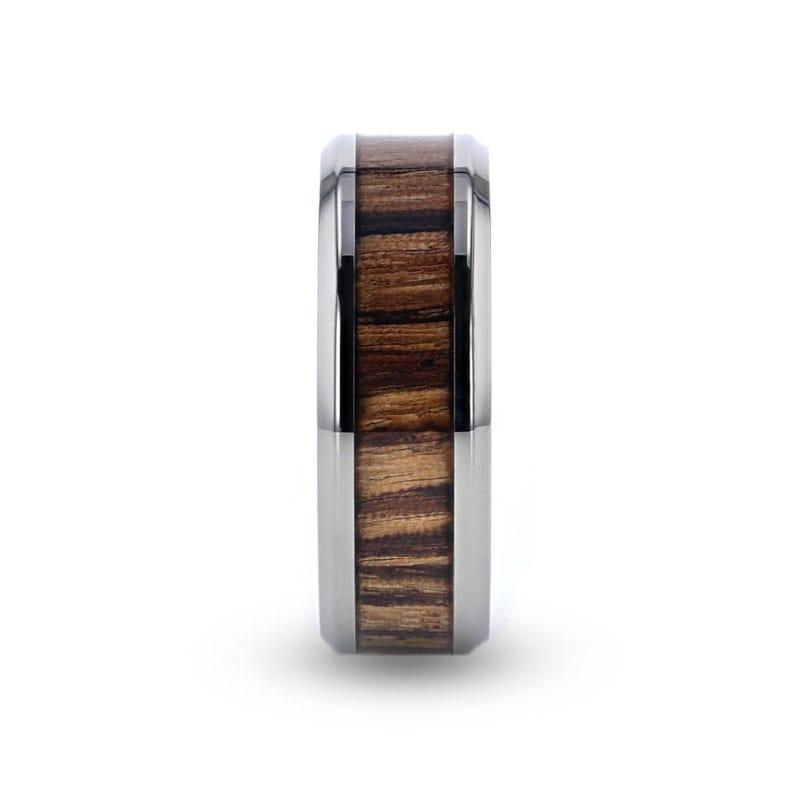 ZINGANA Titanium Ring with Beveled Edges and Real Zebra Wood Inlay - 8mm