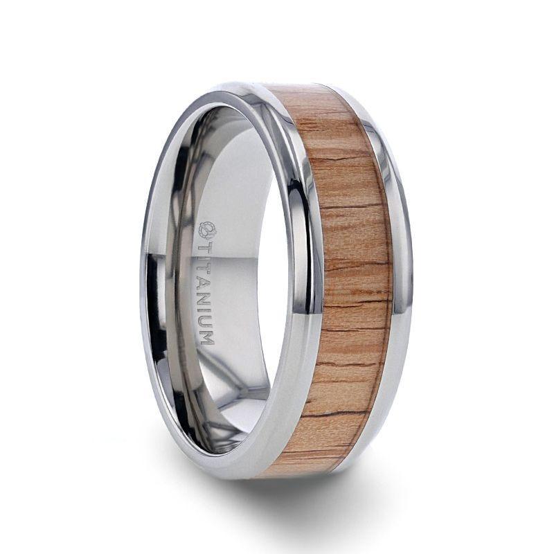 RUBRA Red Oak Wood Inlaid Titanium Ring with Bevels - 8mm