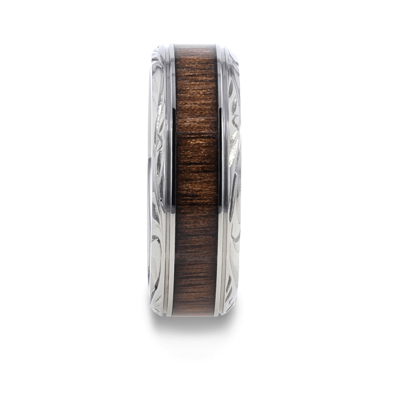 ROSENTRA Rosewood Inlay with Intricate Beveled Edges Titanium Polished Wedding Ring - 8mm