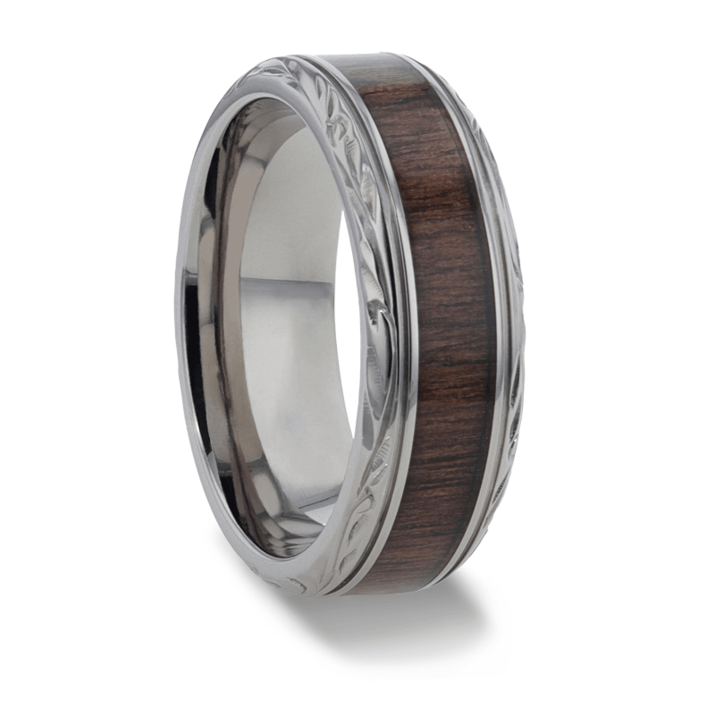 ROSENTRA Rosewood Inlay with Intricate Beveled Edges Titanium Polished Wedding Ring - 8mm