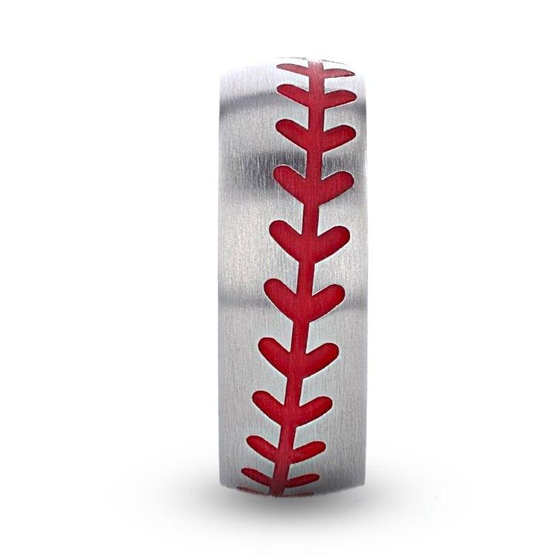 DIMAGGIO Titanium Brushed Finish Ring with Red Baseball Stitching Pattern - 8mm