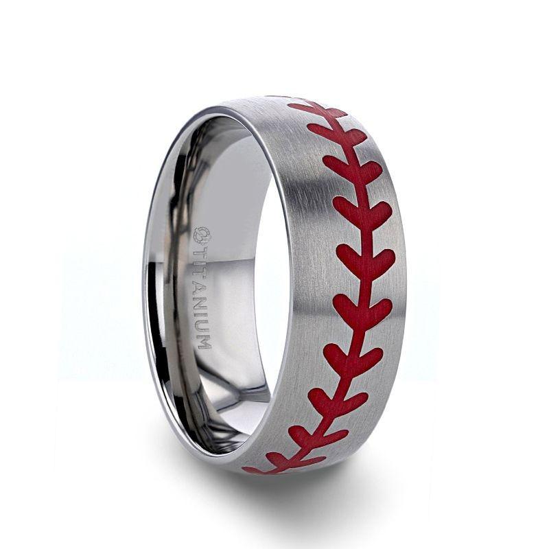 DIMAGGIO Titanium Brushed Finish Ring with Red Baseball Stitching Pattern - 8mm