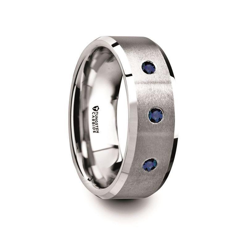 NAUTILUS Tungsten Satin Finished Center Polished Beveled Edges Men’s Wedding Band with 3 Blue Sapphires - 8mm