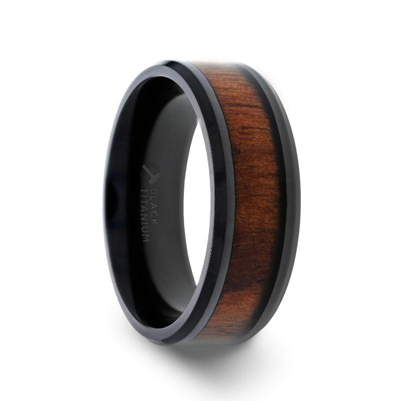 KONY Black Titanium Polished Beveled Edges Black Walnut Wood Inlaid Men’s Wedding Ring - 6mm & 8mm