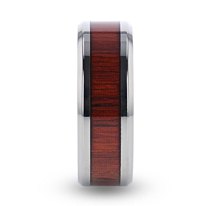 NORRO Titanium Polished Beveled Edges Padauk Wood Inlaid Men’s Wedding Band - 6mm & 8mm