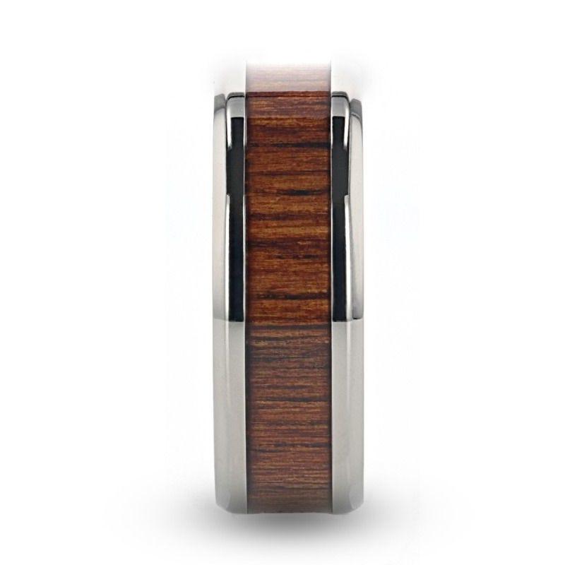 KOAN Titanium Polished Finish Koa Wood Inlaid Men’s Wedding Ring with Beveled Edges - 6mm & 8mm