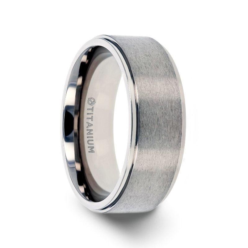 RHINOX Brushed Raised Center Men’s Titanium Wedding Ring with Polished Step Edges - 6mm & 8mm