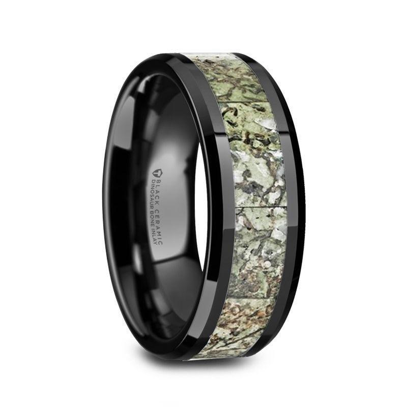 DROGON Light Green Dinosaur Bone Inlaid Black Ceramic Men’s Wedding Band with Polished Beveled Edges – 8mm