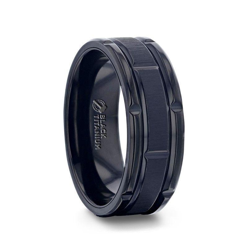 WYNN Alternating Grooves And Horizontal Etched Finish Black Titanium Men's Wedding Band With Alternating Grooved Beveled Polished Edges - 8mm