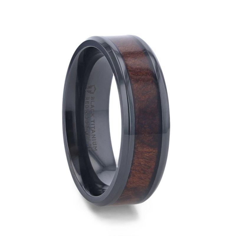 YOSEMITE Redwood inlaid Clear Polished Coated Titanium Men's Wedding Band With Polished Beveled Edges - 8mm