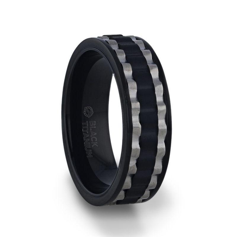 GEAR Two Toned Wavy Centered Brushed Black Titanium Men's Wedding Band With Flat Polished Edges - 8mm