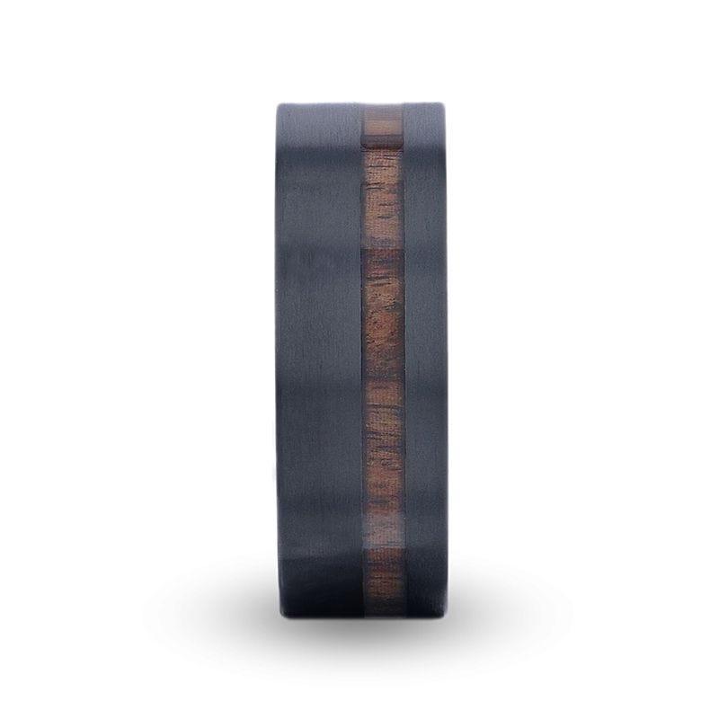 DARING Off-Set Koa Wood Inlaid Black Titanium Men's Wedding Band With Flat Brushed Finish - 8mm