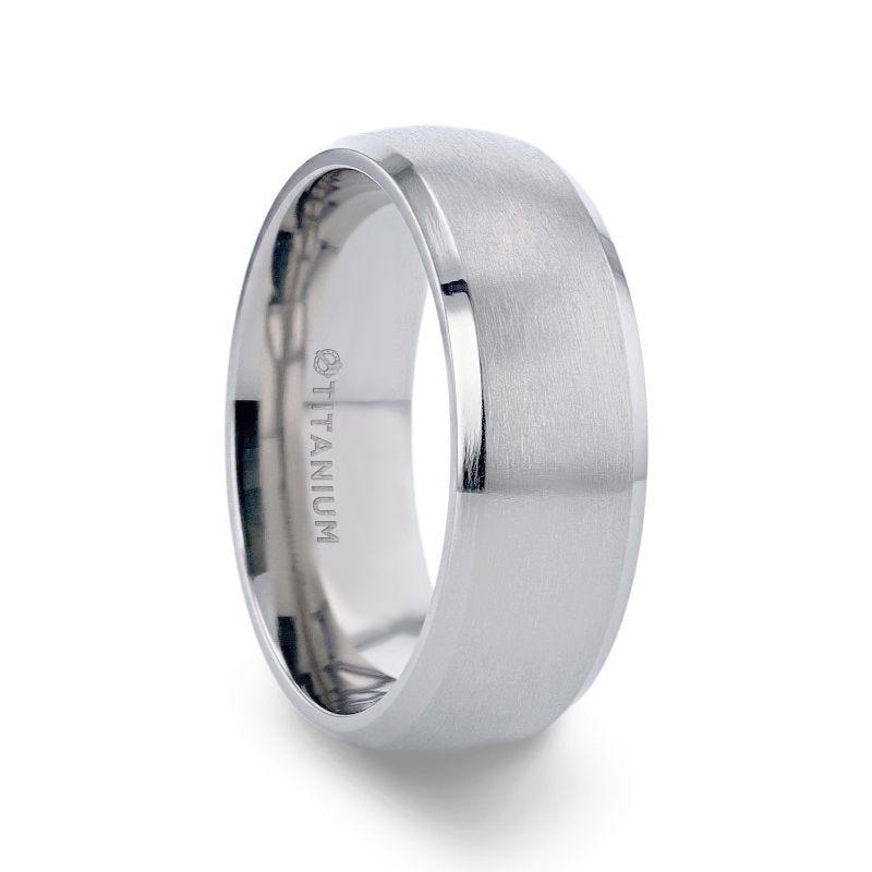 DUSTIN Chrome-Plated Titanium Domed Brushed Center Men's Wedding Ring with Polished Beveled Edges - 8mm