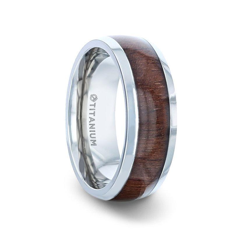 CARY Black Walnut Wood Inlaid Titanium Domed Polished Finish Men's Wedding Ring With Beveled Edges - 8mm