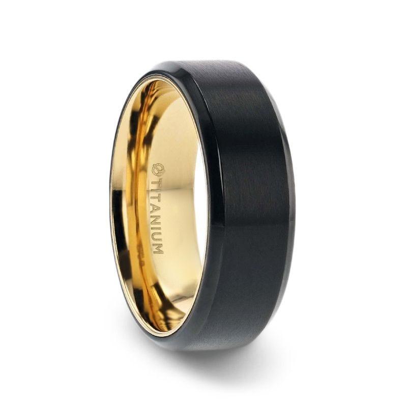 VELVET Flat Brushed Black Titanium Men's Wedding Ring With Yellow Gold Plating Interior And Beveled Polished Edges - 8mm