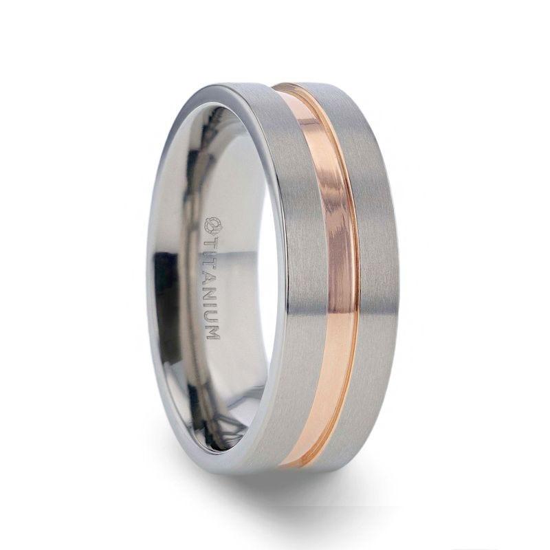 MARS Titanium Flat Brushed Finished Men's Wedding Ring With Rose Gold Plated Groove Center - 8mm