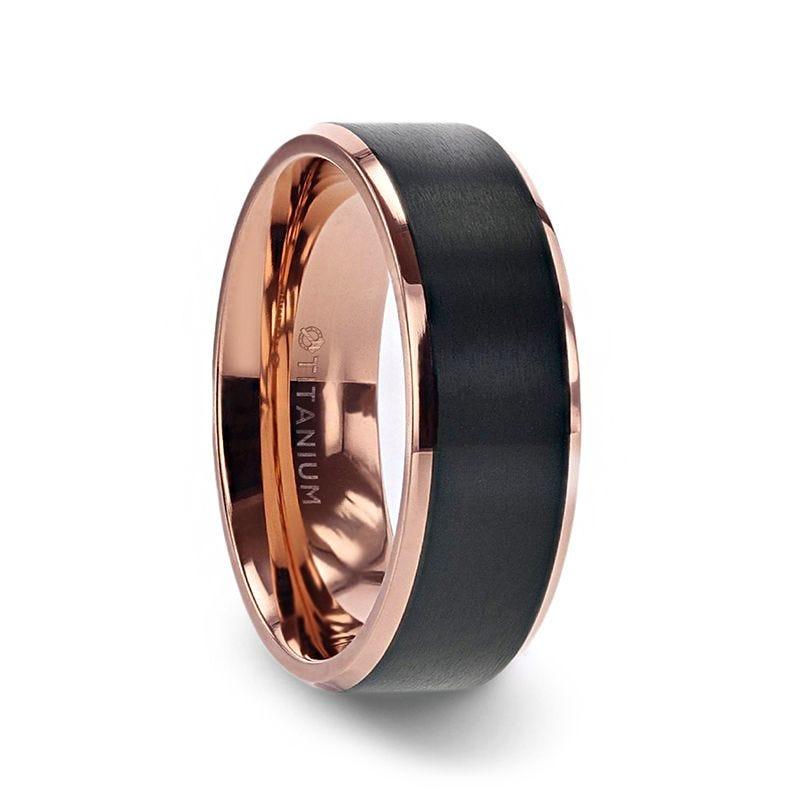 STEPHEN Rose Gold Plated Black Titanium Flat Brushed Center Men's Wedding Ring With Beveled Polished Edges - 6mm & 8mm